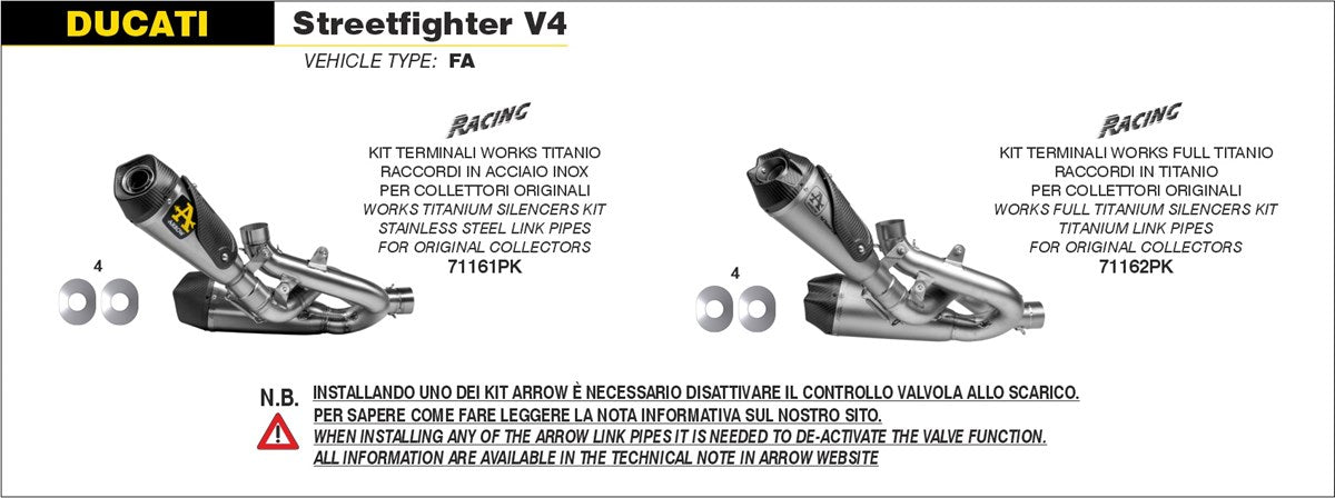 ARROW SILENCIADOR WORKS DE TITANIO (DCHO + IZDO) CON CONECTORES DE TITANIO DUCATI STREETFIGHTER V4 2020-24 / PANIGALE V4 2018-24