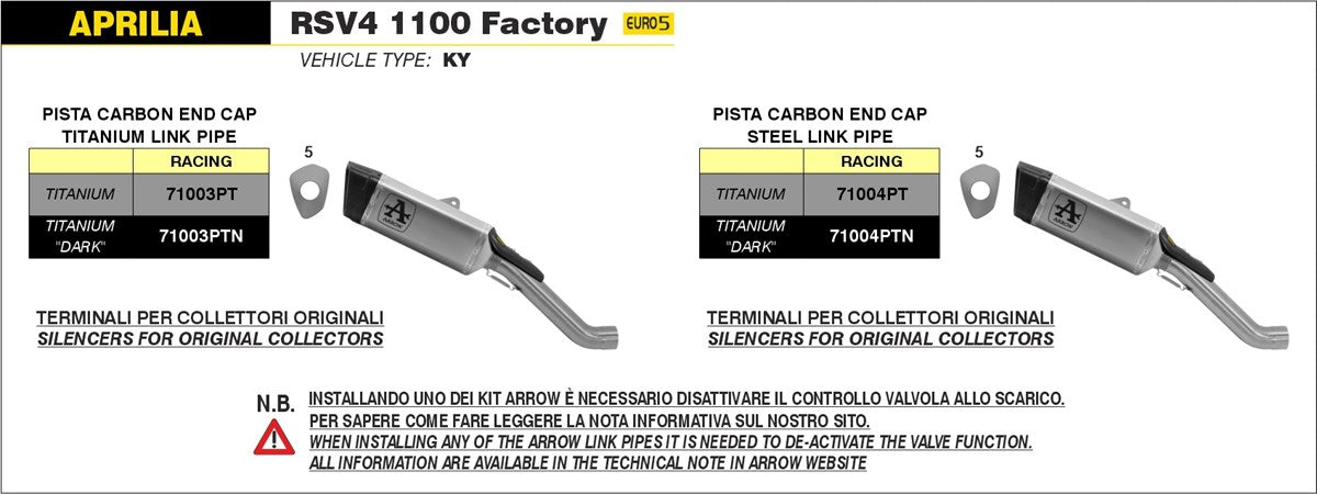 ARROW SILENCIOSO PISTA DE TITANIO CON CONECTOR DE ACERO APRILIA APRILIA RSV 4 1100 FACTORY 2021-24 / TUONO V4 1100 2021-24