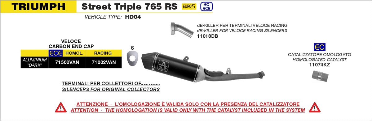 ARROW SILENCIADOR VELOCE DARK HOMOLOGADO TRIUMPH STREET TRIPLE 765 2020-22